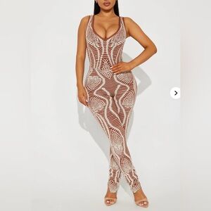 NWOT Fashion Nova Sweater Jumpsuit Brown & White Small